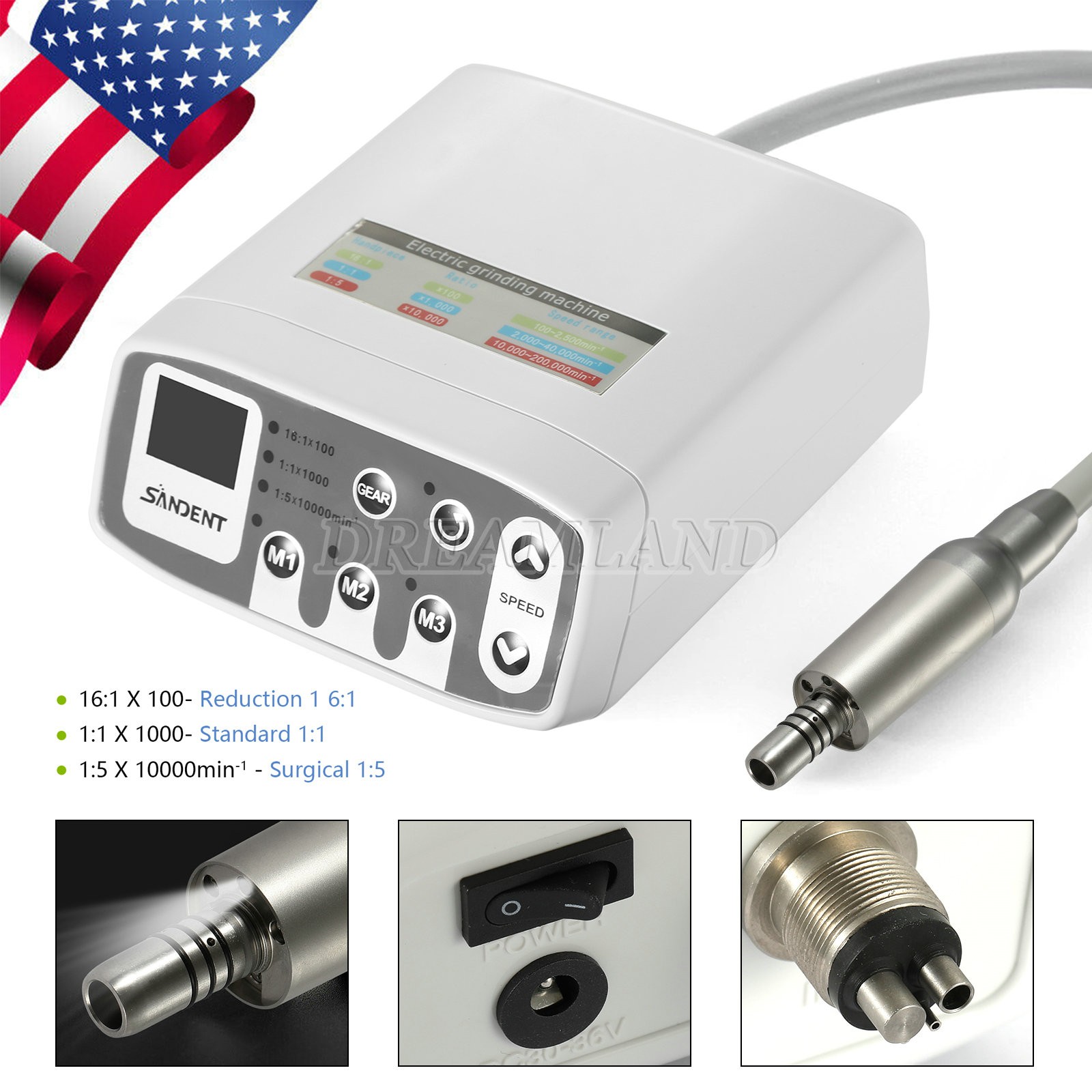SANDENT motor electrico dental pieza de mano LED 1:5/1:1/1:4.2 contra angulo USA