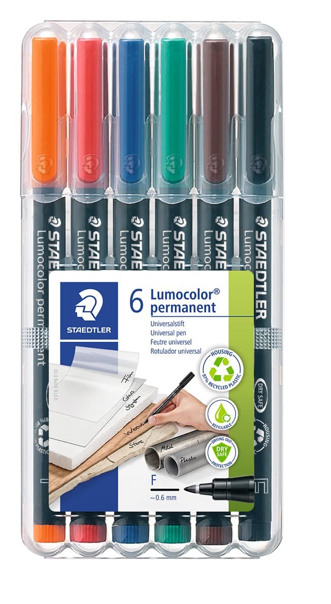 STAEDTLER Lumocolor Universal Pen Fine Felt Tip Permanent Marker Box of 6 Ass…
