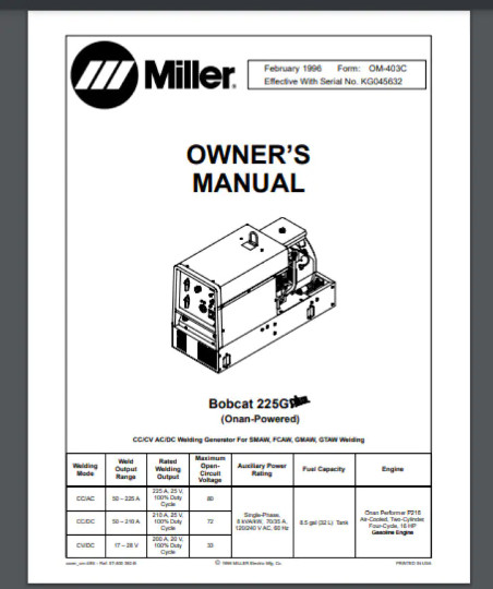 Miller BOBCAT 225G+ WELDER Operation & Maintenance Owner Manual Parts List book