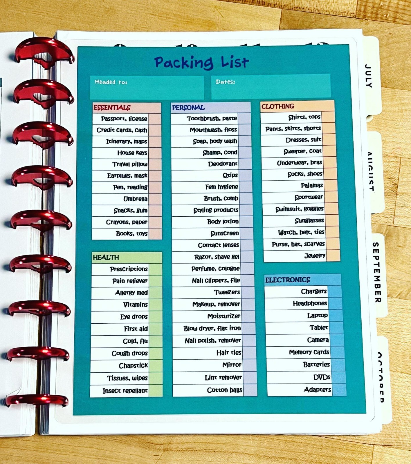 Packing List Two Sided Dashboard Insert for use with Classic Happy Planner