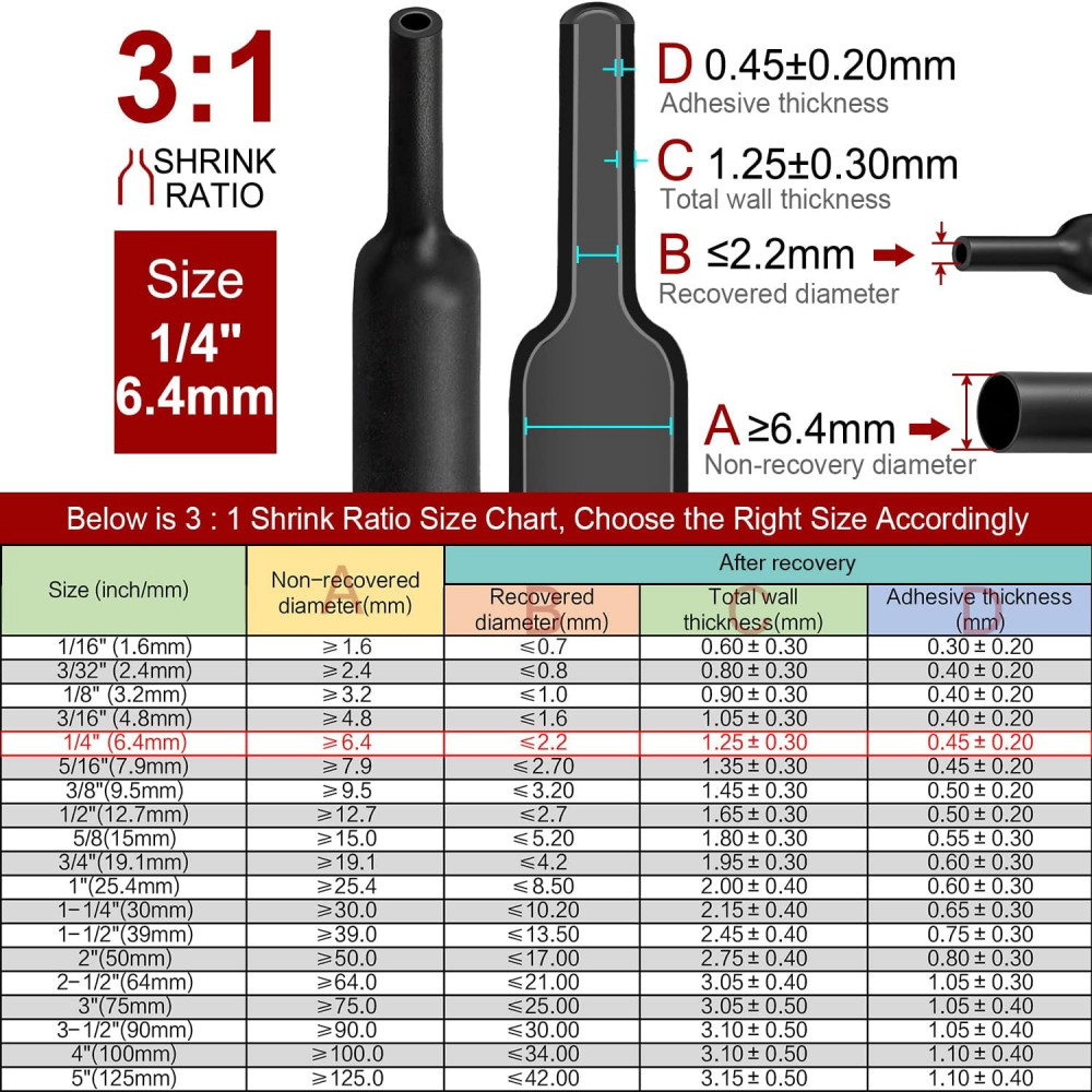 10 ft Dual Wall Adhesive Glue Lined Φ1/4″ (6.4mm) Heat Shrink Tubing 3:1 Ratio