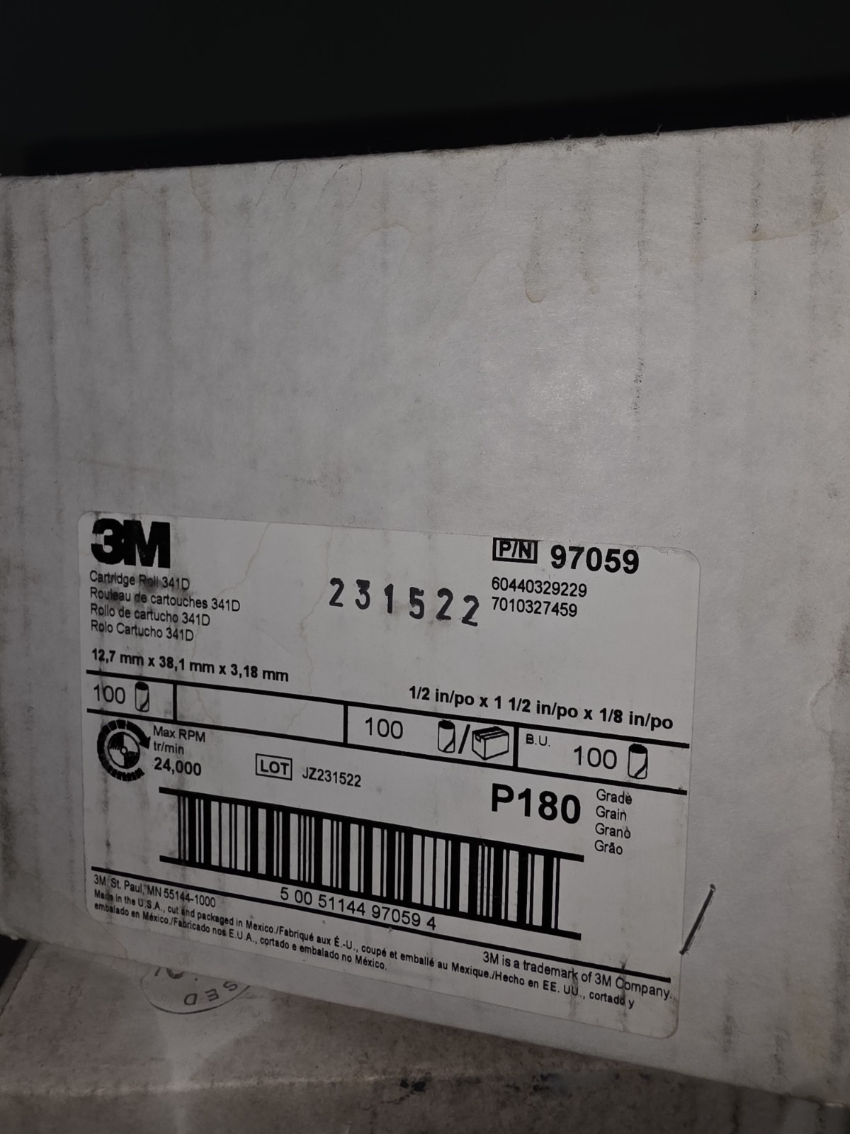 1 Box of 100 NEW! 3M 341D 1/2″x2″x1 1/2″ Cartridge Rolls P180 Grade | 97059