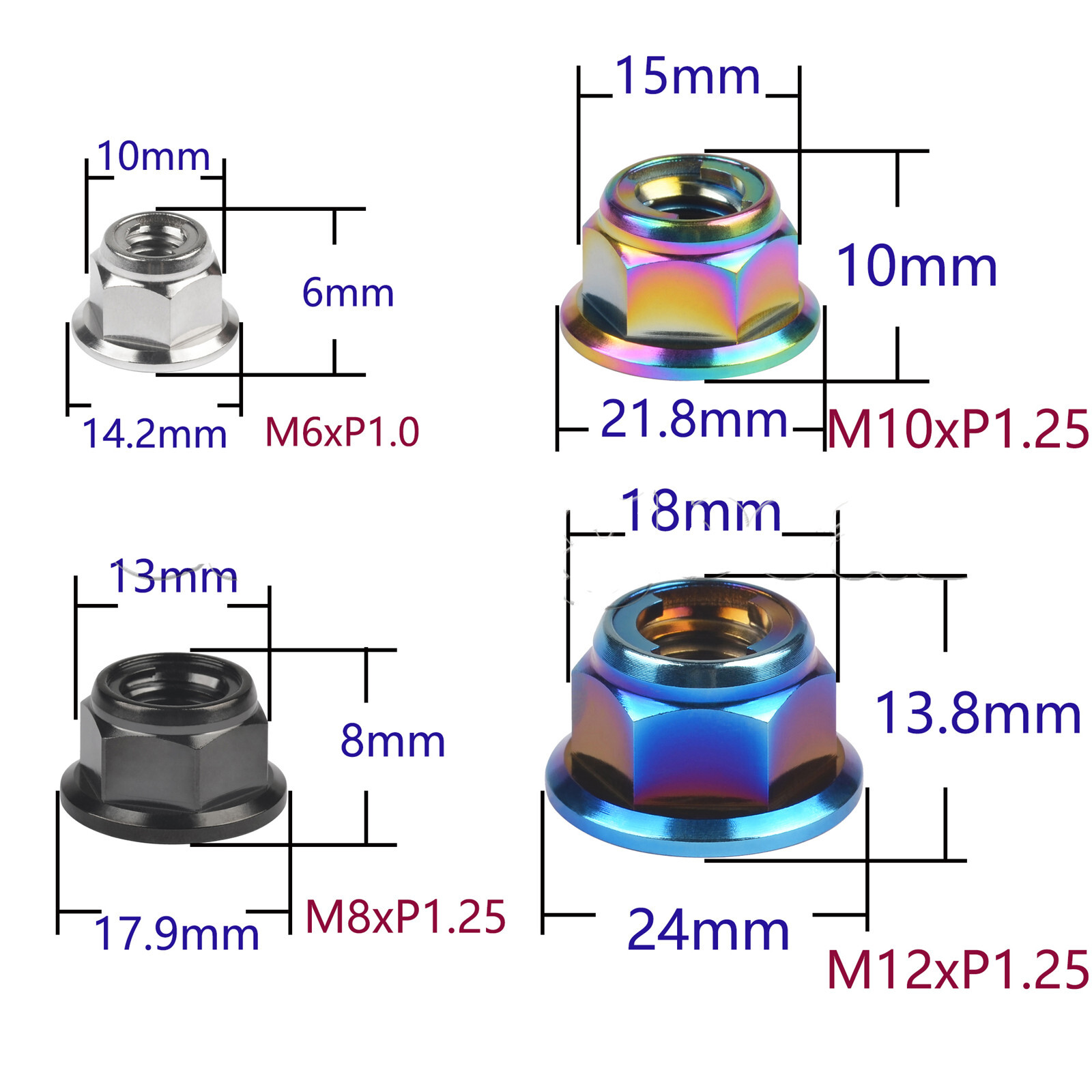 6pcs Titanium Nuts M6 M8 M10 M12 Flange Hex Ti Alloy Nut With Metal Lock Grade 5