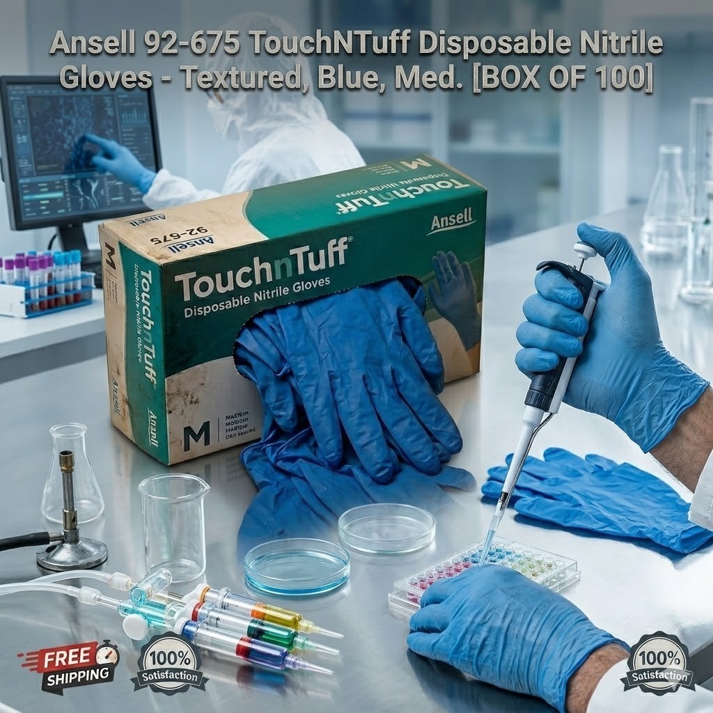 Ansell 92-675 TouchNTuff Nitrile Gloves Blue Textured Size M Box of 100 Protecti
