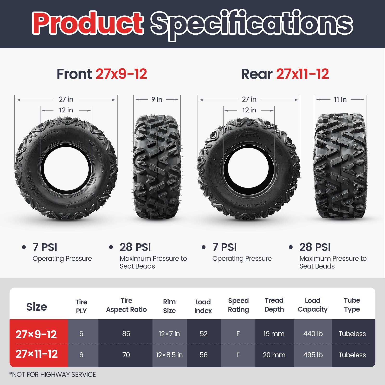 Set of 4 ATV Tires 27×9-12 27×11-12 All-Terrain 6-Ply Tubeless for Mud Sand