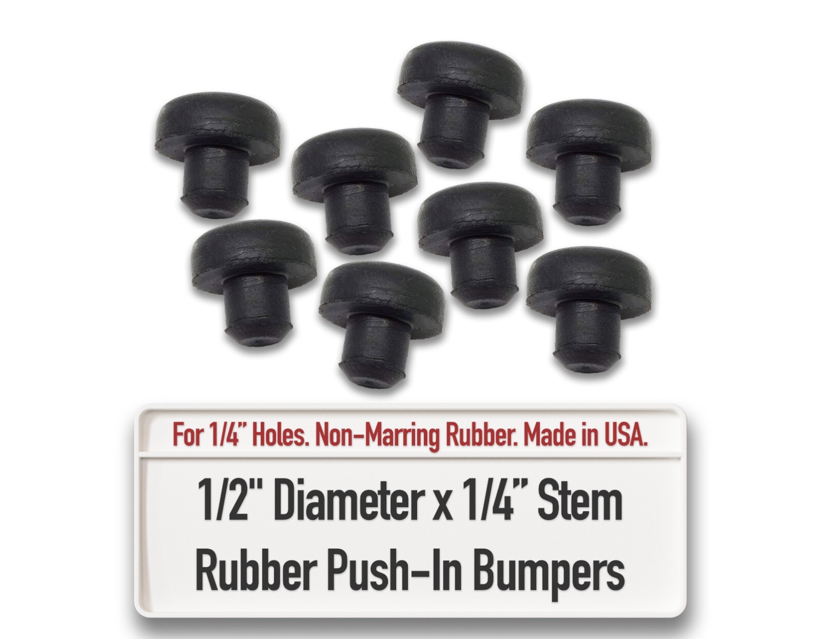 Rubber Push In Bumper Feet • 1/2″ OD, 7/32″ High, for 1/4″ Holes • Sold in Packs