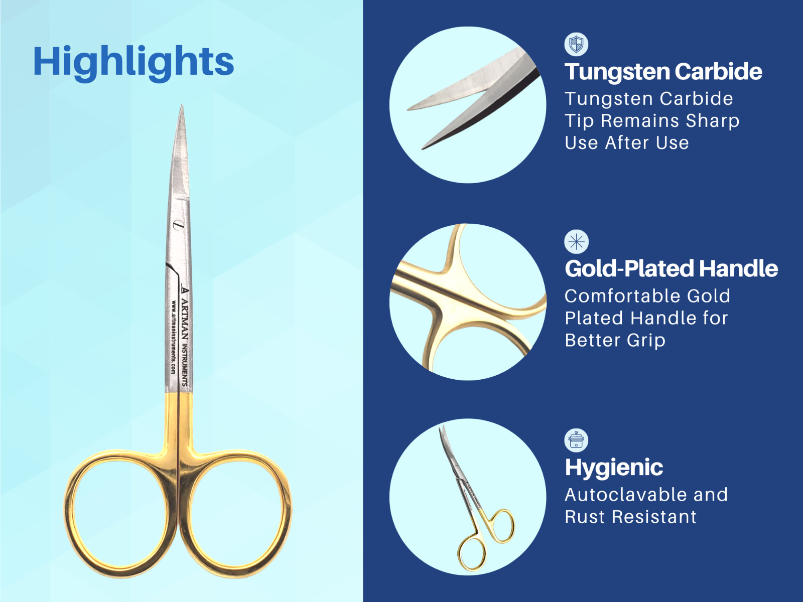 Scissors Surgical 4.5″ Curved Gold Plated Handle w/ Tungsten Carbide ARTMAN
