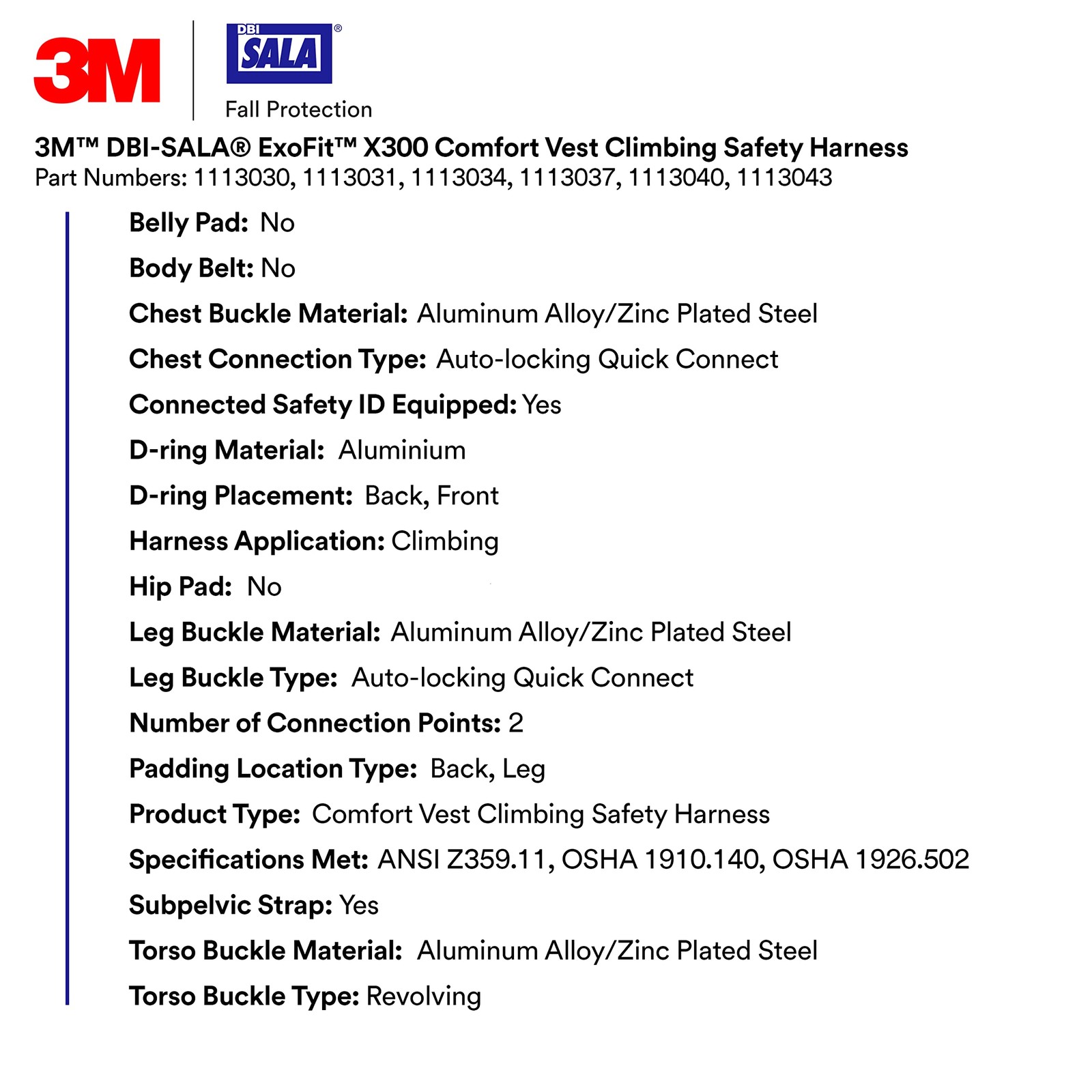 3M 1113030 DBI-SALA ExoFit X300 Comfort Vest Climbing Harness Fall Protection