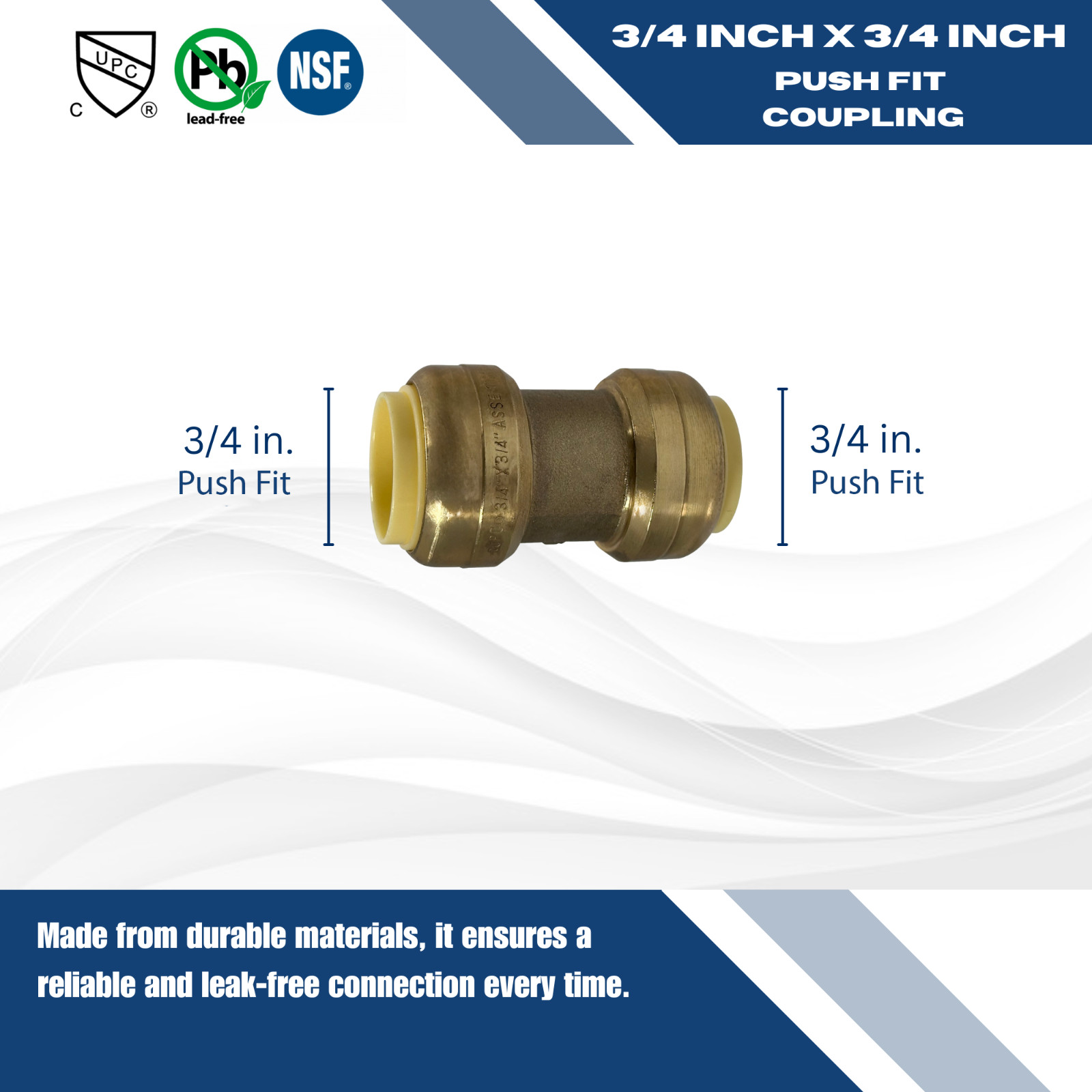 5 Pcs. 3/4″ X 3/4″ Push Fit Coupling, Lead Free Brass, 27-1-2=5X
