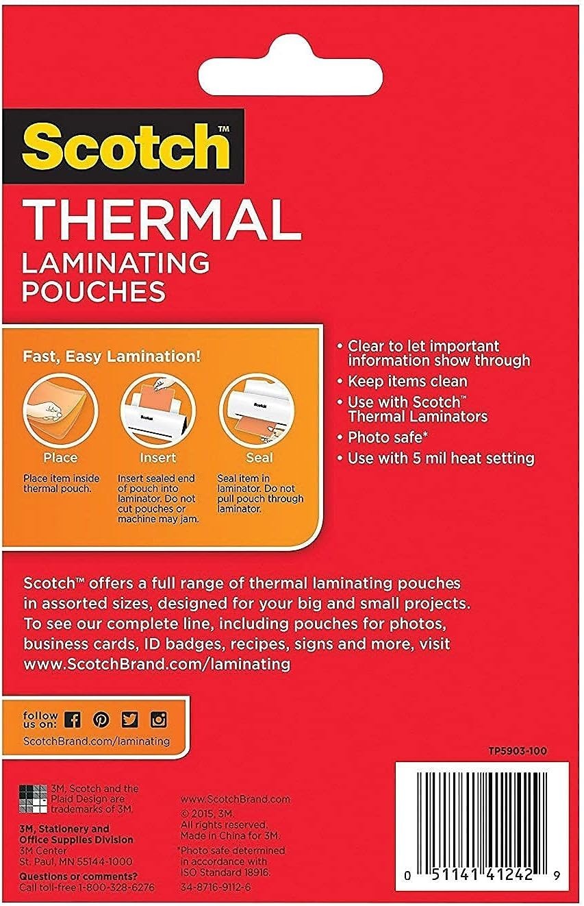 Scotch Thermal Laminating Pouches 5×7-inch, 5 Mil., Clear 100/PK