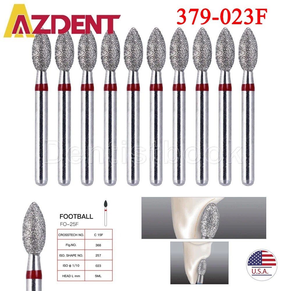 10Pcs Dental Diamond Burs FOOTBALL 368-023F FINE RED DEFEND Friction Grip
