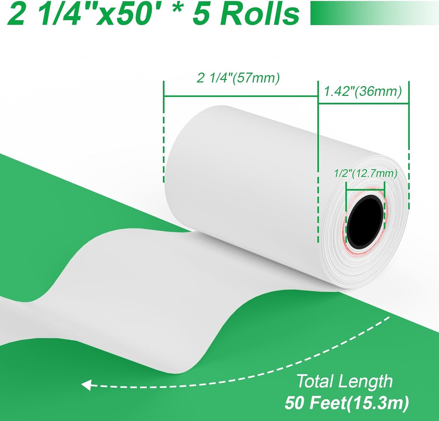 Rollos de Papel Térmico 2.25 x 50 ft, 5 Rollos para Impresoras POS 58mm