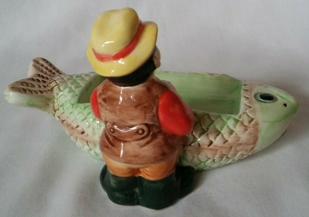 Ceramic Business Card Holder Fisherman/Fish OCI 1992 Sri Lanka