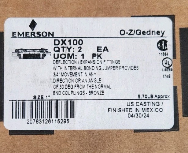 (2-New In Box) O-Z Gedney DX-100, 1″ Expansion Deflection Fitting IMC/Rigid 2pcs