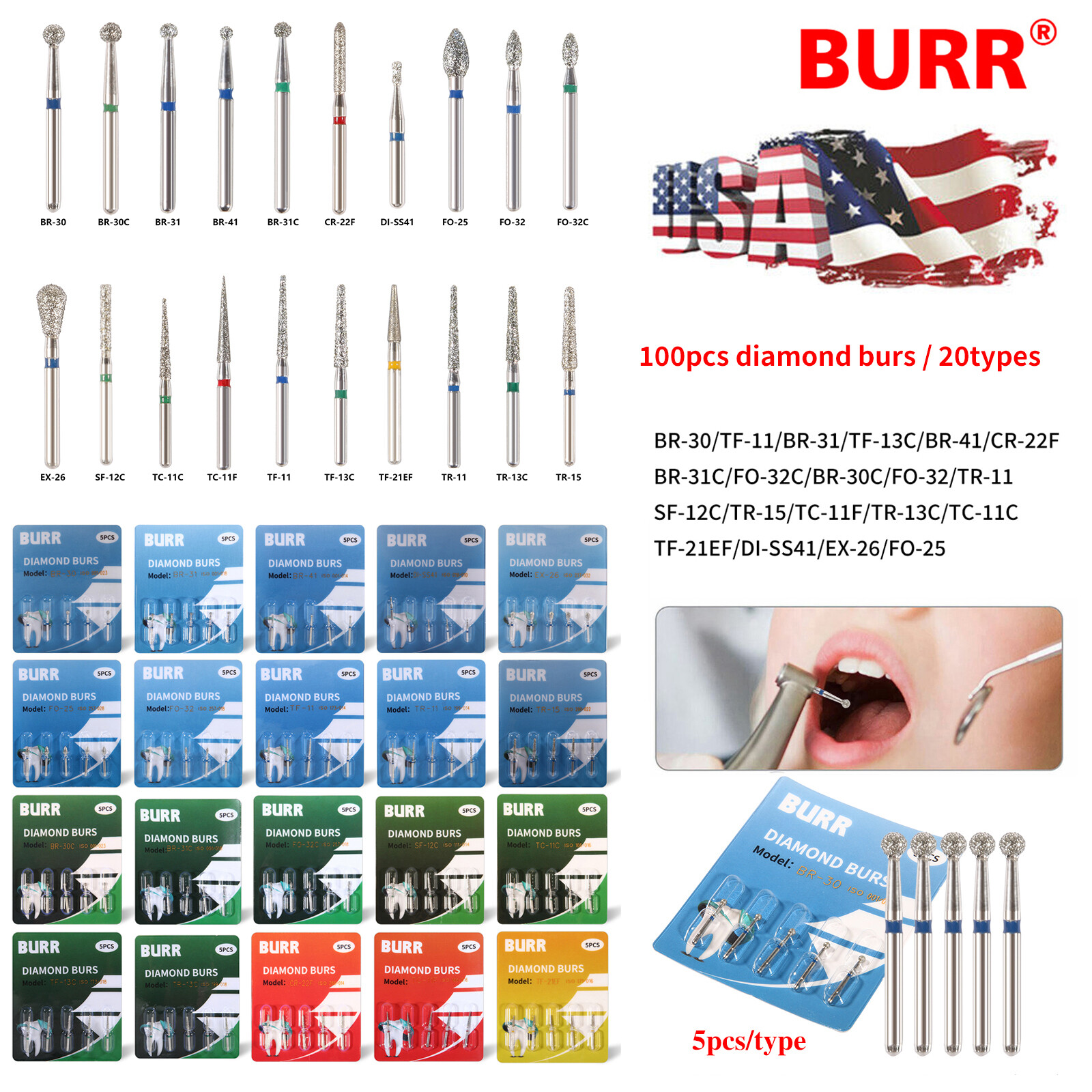 100x Brocas de fresa de diamante para dentista dental Taladro FG 1,6 mm