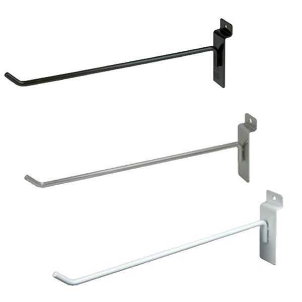 Slatwall Hooks: 1″, 2″, 4″, 6″, 8″, 10″, 12″ – Black, White, Chrome – FREE SHIP!