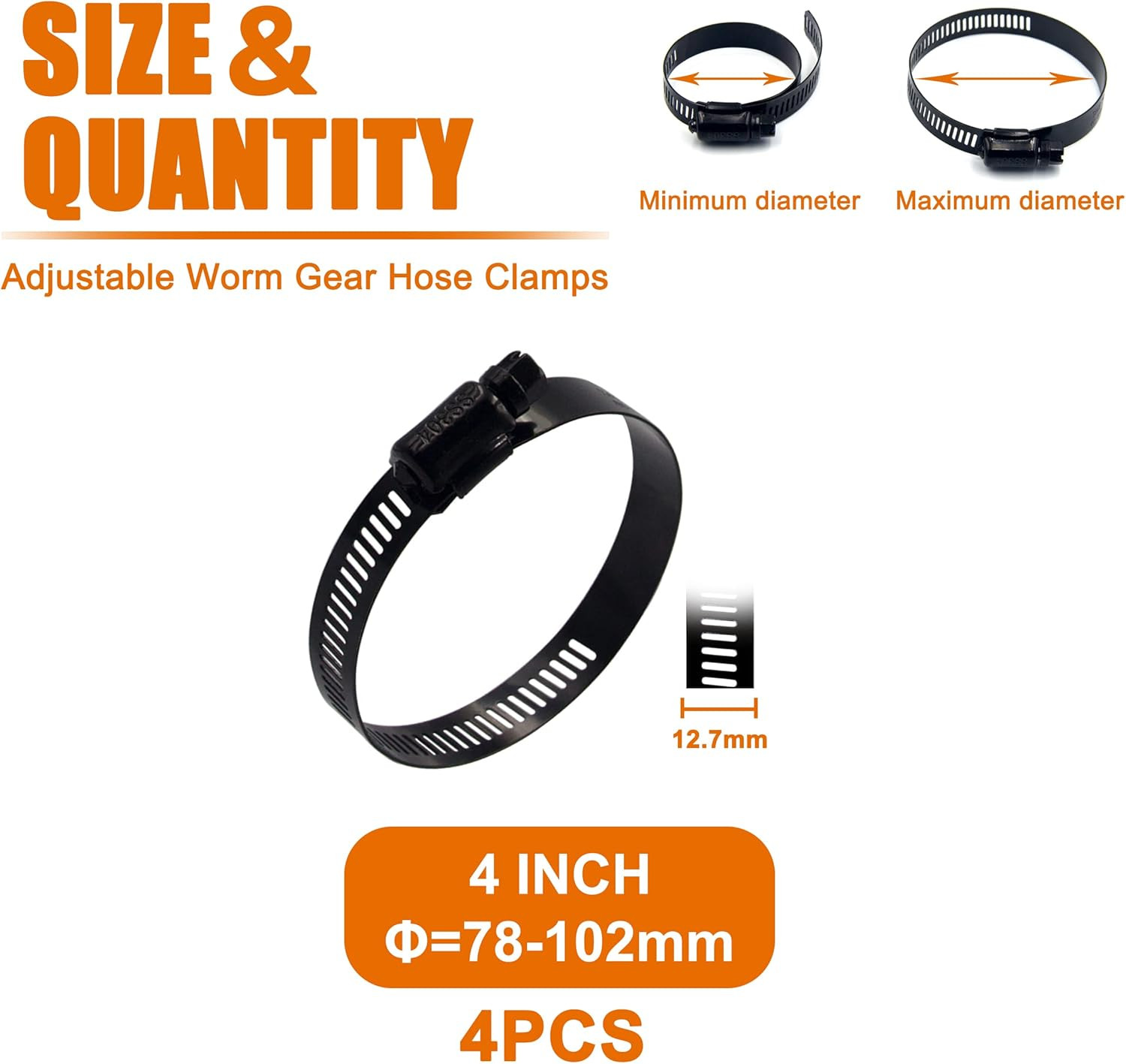 4pcs 4 Inch Stainless Steel Adjustable 78-102mm Size Range Worm Gear Hose Clamp,