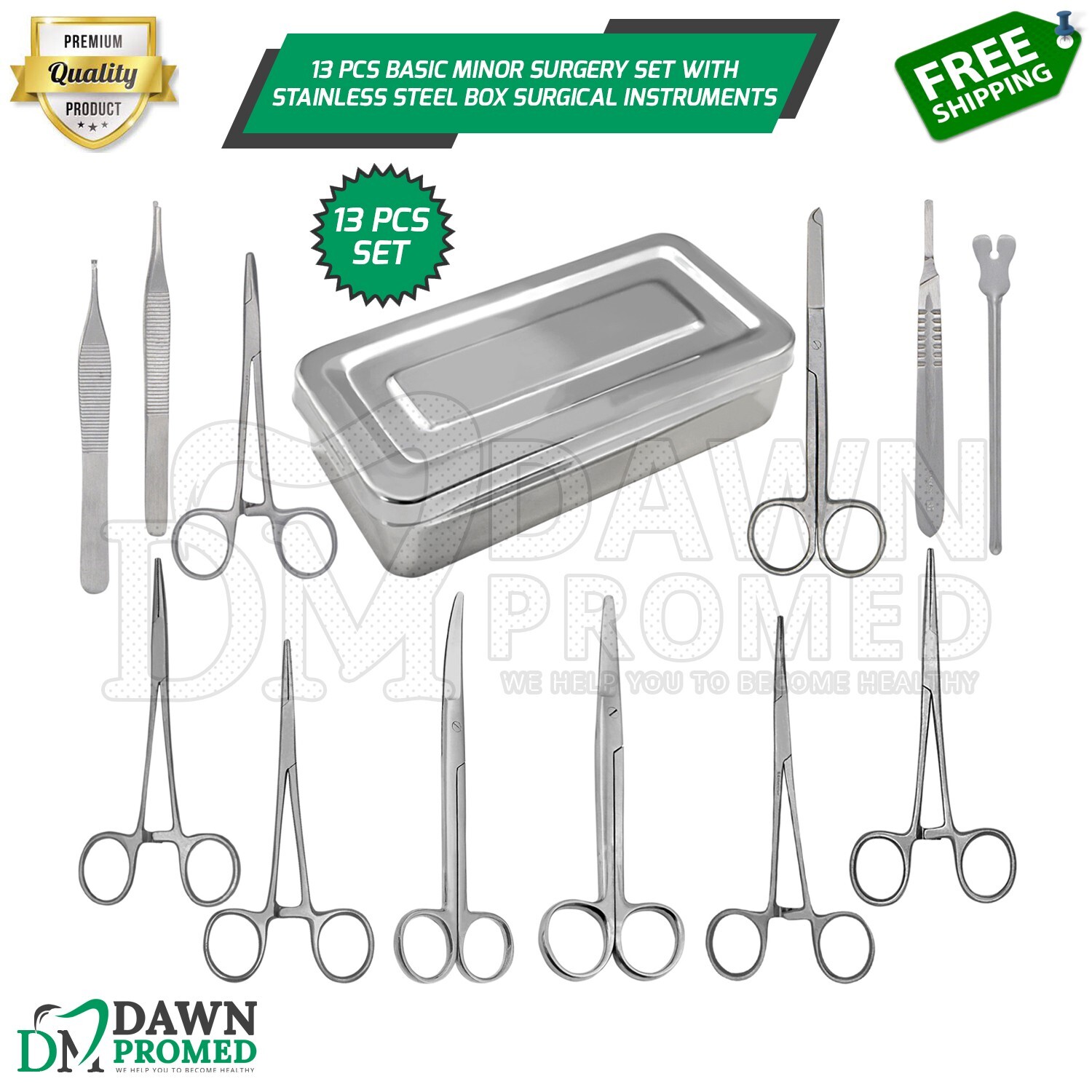 13 Pcs Basic Minor Surgery Set With Stainless Box Surgical Instruments German Gr