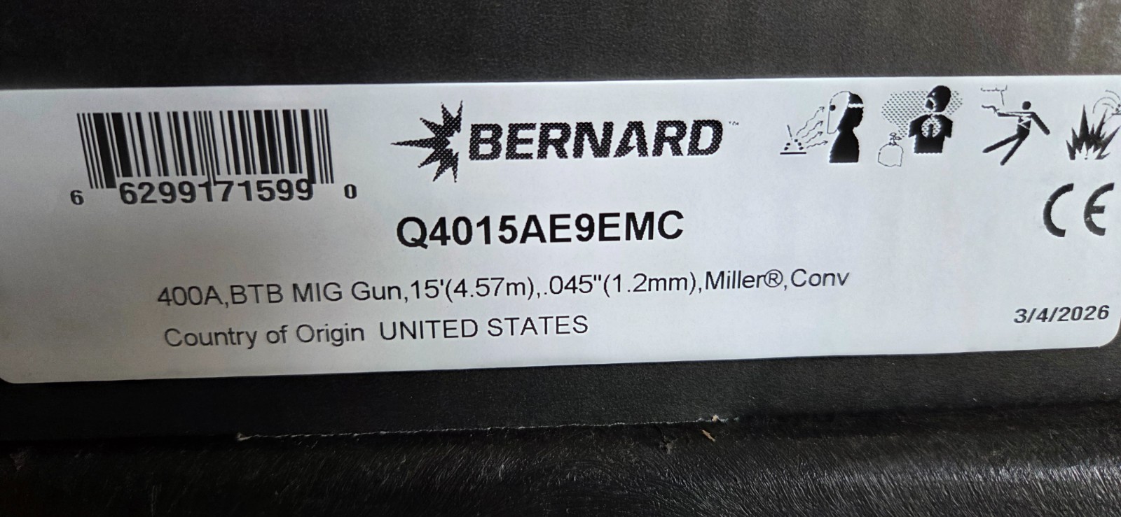 New Bernard 400 Amp 15 Ft BTB MIG Gun .045 wire W/ Miller Connection Q4015AE9EMC