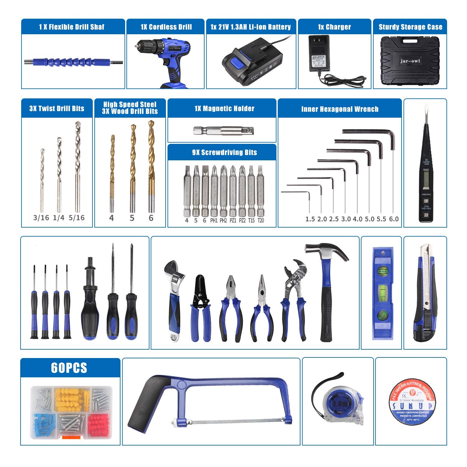 Jar-Owl 21V Tool Set Drill 350 In-Lb Torque 0-1350Rmp Variable Speed 10Mm 3/8