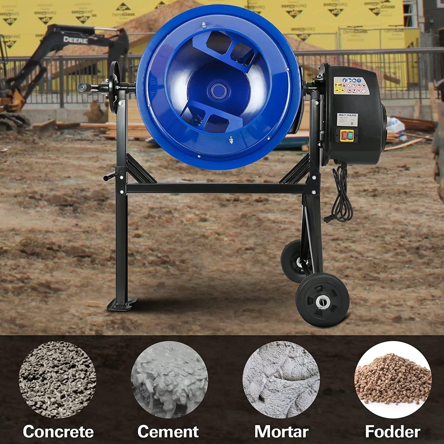 BILT HARD 4 Cu Ft Electric Cement Mixer, 550W Portable, Wheelbarrow Style