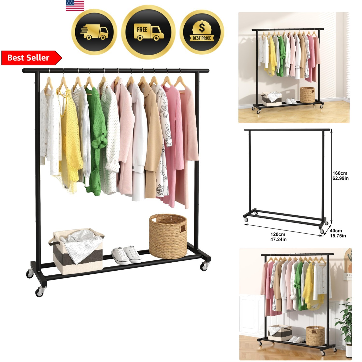 Metal Clothing Rack Adjustable Freestanding Garment Organizer with Wheels Black