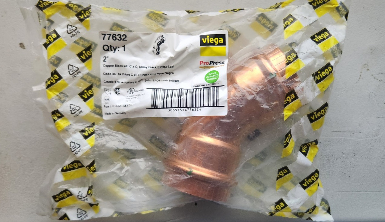 Viega Propress – 77632 – 2″ Copper 45° Degree Elbow – C x C EDPM Seal – New