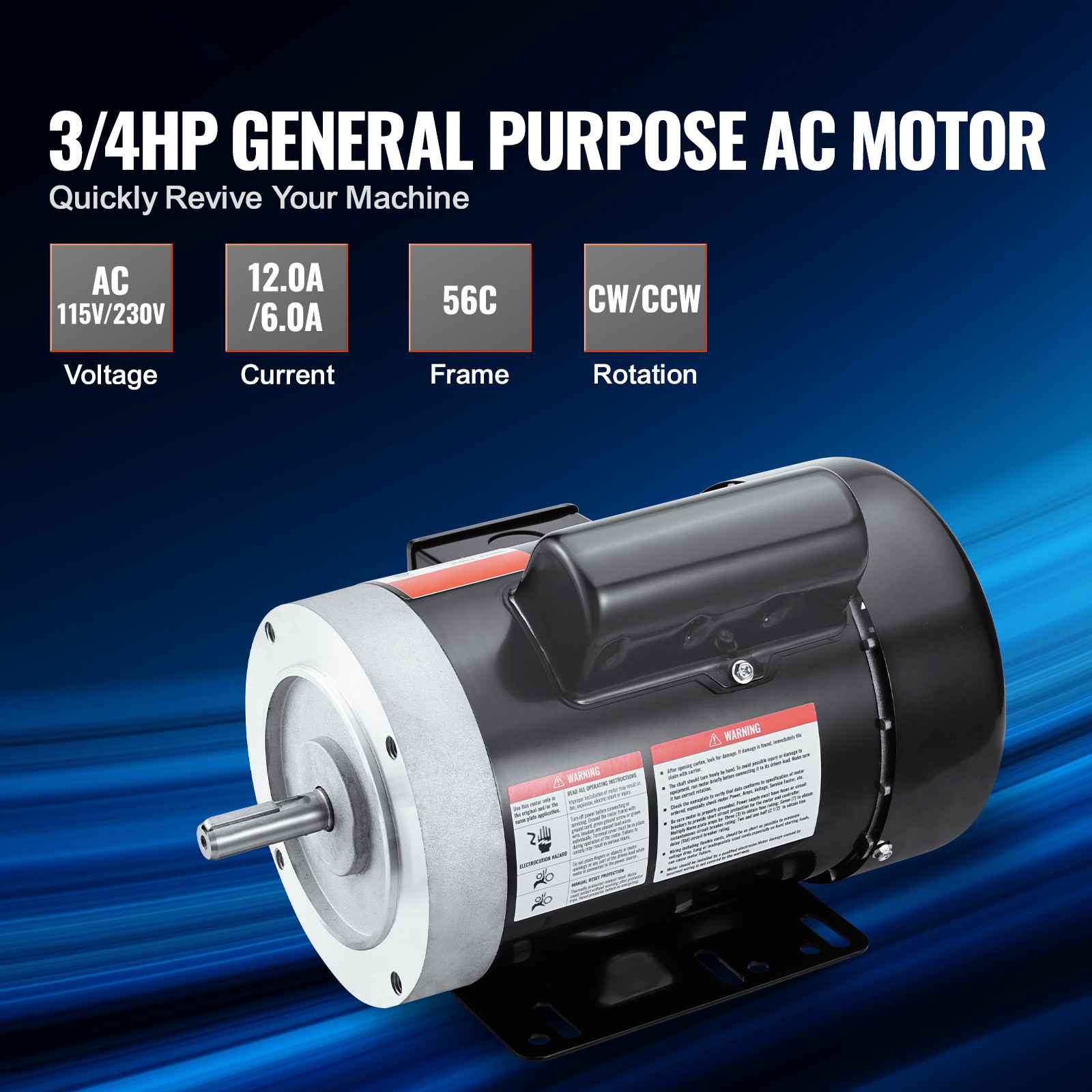 VEVOR 3/4 HP Electric Motor 1725RPM AC115/230V 56C Frame 1-Phase 5/8″ Key Shaft