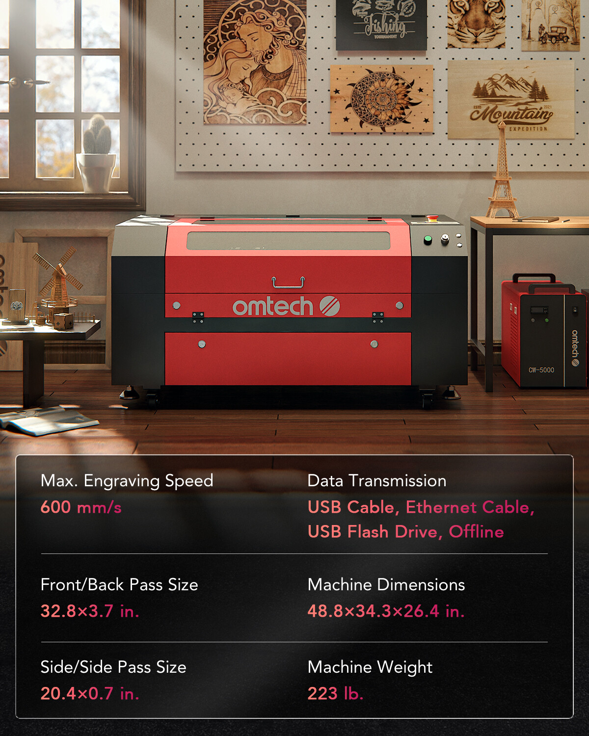 OMTech 28×20 in. 60W CO2 laser Engraver Cutter Marker with CW-3000 Water Chiller