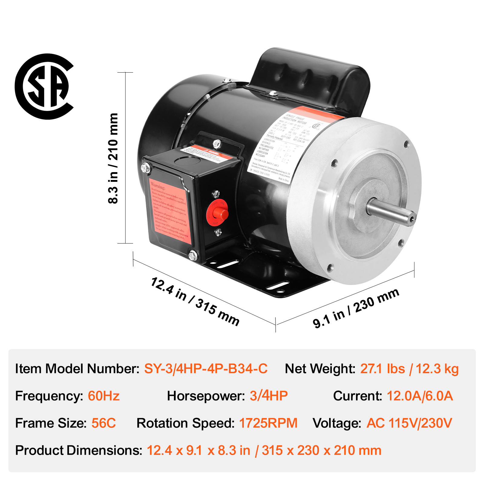 VEVOR 3/4 HP Electric Motor 1725RPM AC115/230V 56C Frame 1-Phase 5/8″ Key Shaft