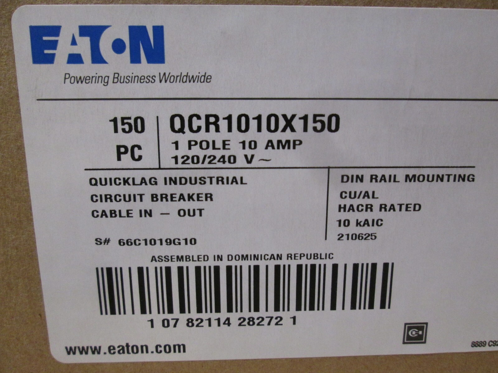CUTLER HAMMER QCR1010 10AMP, 120/240VAC, Circuit Breaker, 20IN/LB Torque