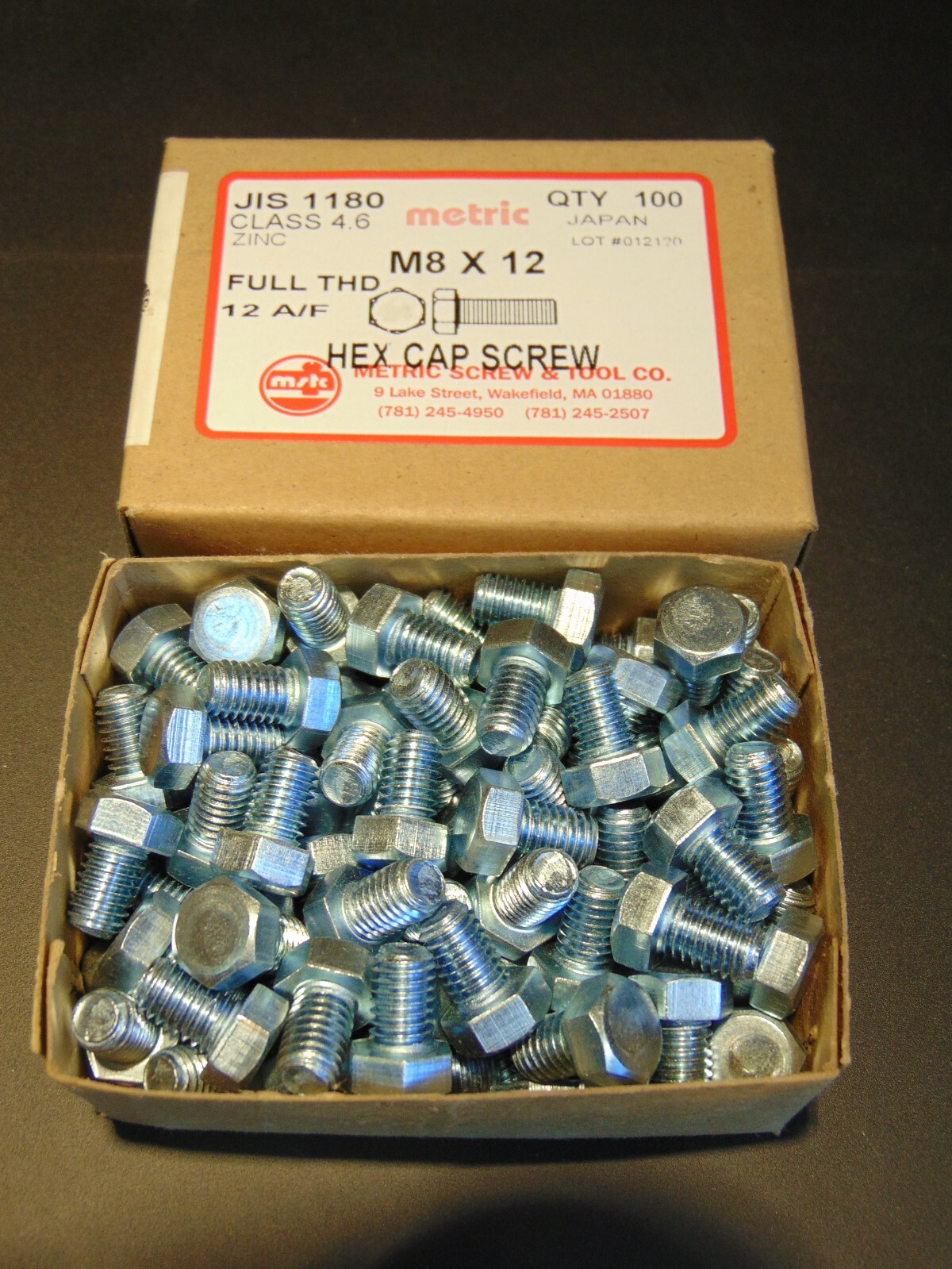 M8 X 12 JIS 1180 HEX CAP SCREW BOLT, BOX OF 100pcs, 12mm WRENCH SIZE, CLASS 4.6