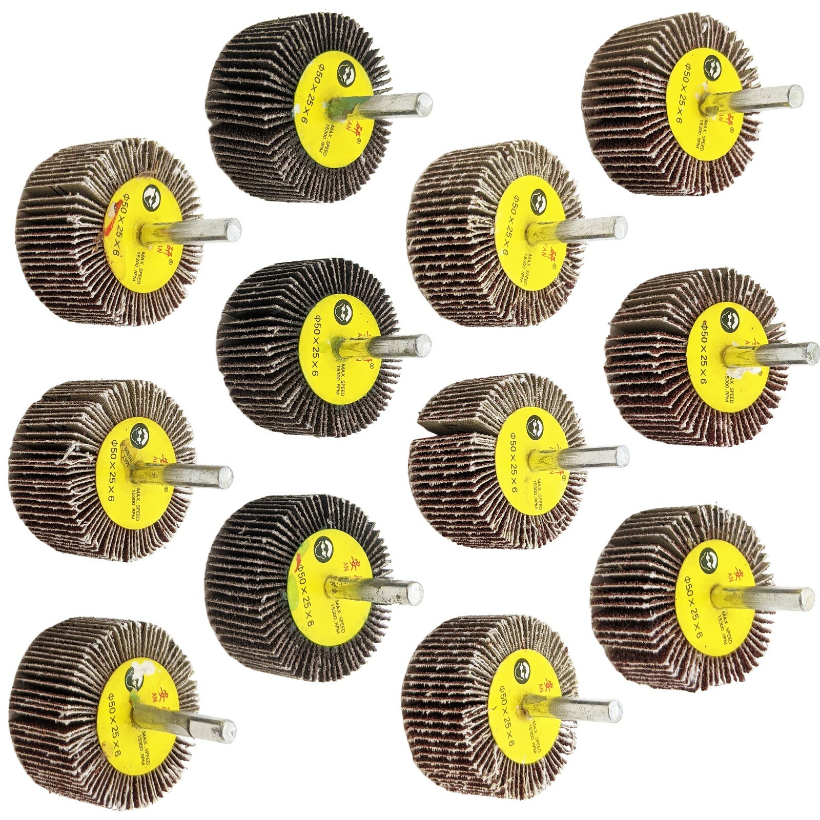 12 Pack ¼” Shank Flap Wheel Assortment, Includes 40, 60, 80, & 120 Grit 2″×1″×¼”