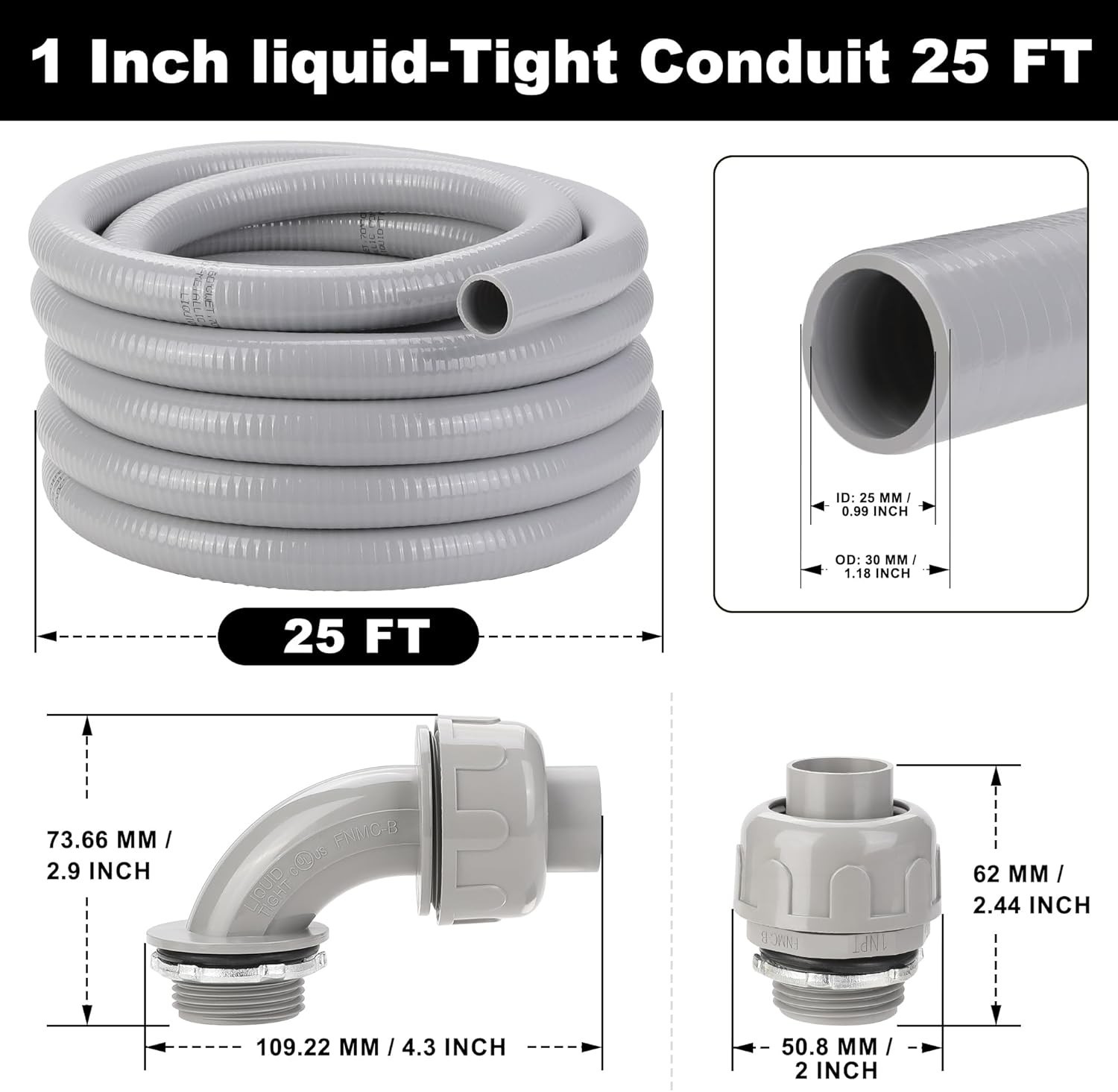 1 Inch Flexible Liquid Tight Conduit 25FT, Non Metallic Electrical Conduit Kit w