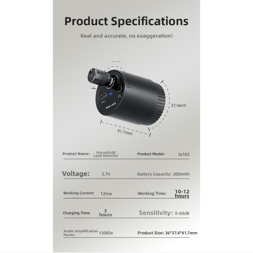 Compact Leak Detector for Home Plumbing with 60dB Sensitivity and Type C