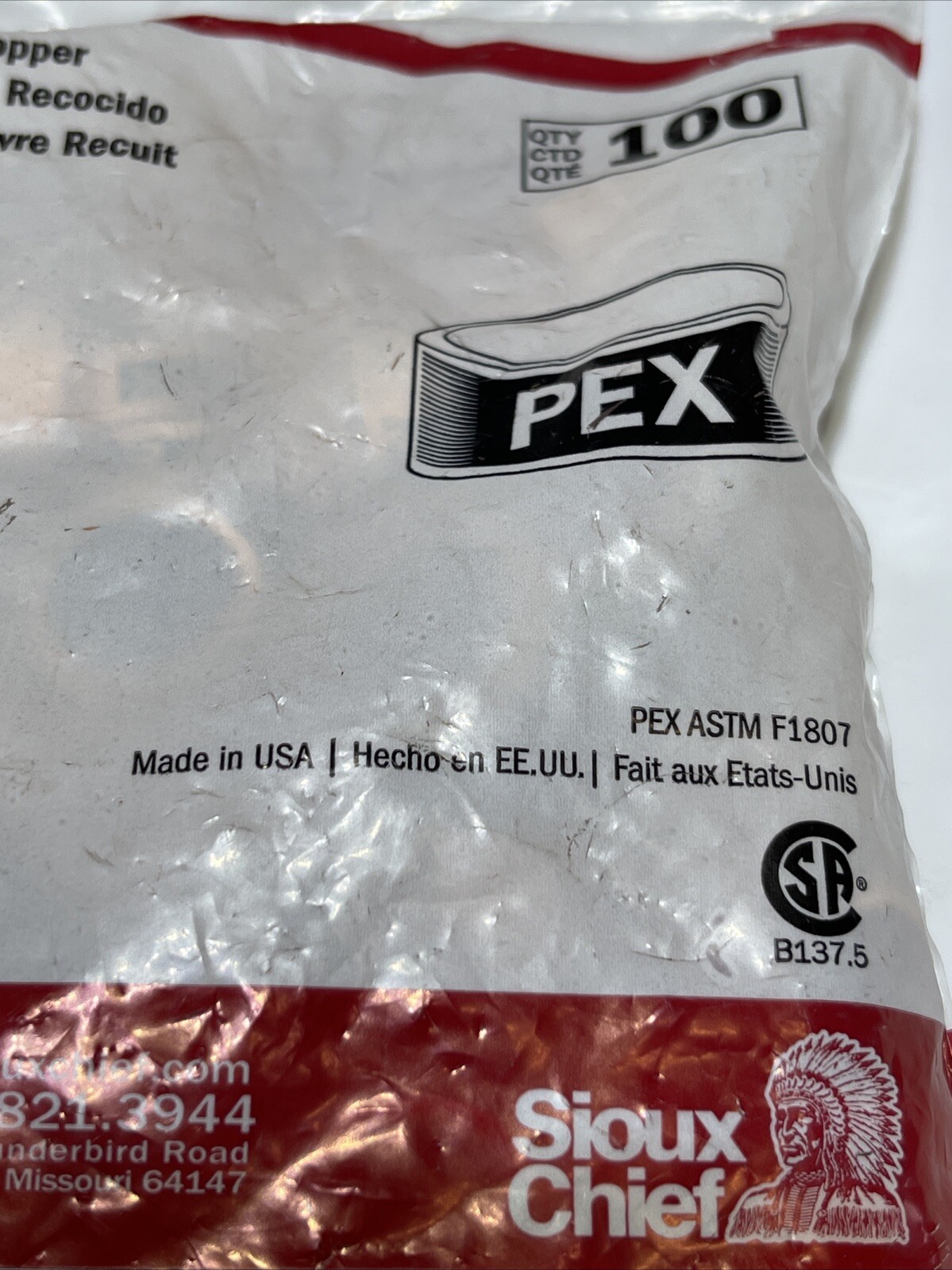 Bag of 100 Sioux Chief PEX Crimp Ring 1/2” Annealed Copper 649×2 USA SDR 9 PEX
