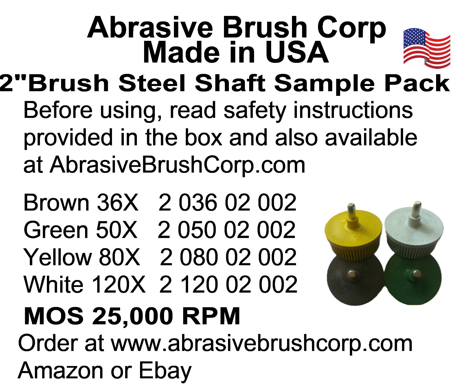 2″ Abrasive Bristle Brush with 1/4″ Steel Shaft, Sample Pack 36X, 50X, 80X, 120X