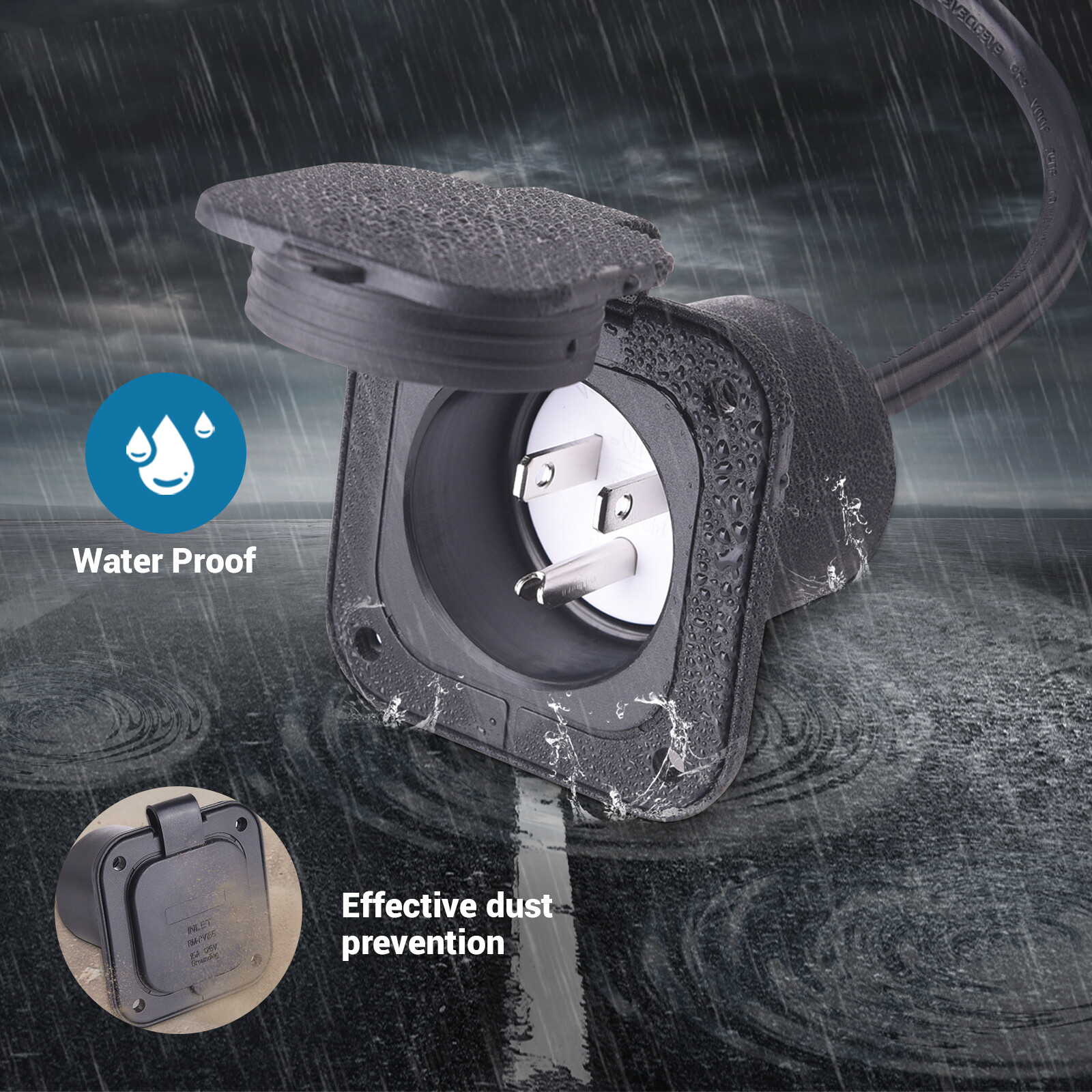 15A 125V AC Port Plug 14AWG Flanged Power Inlet Plug 18″ Extension Cord Boat RV