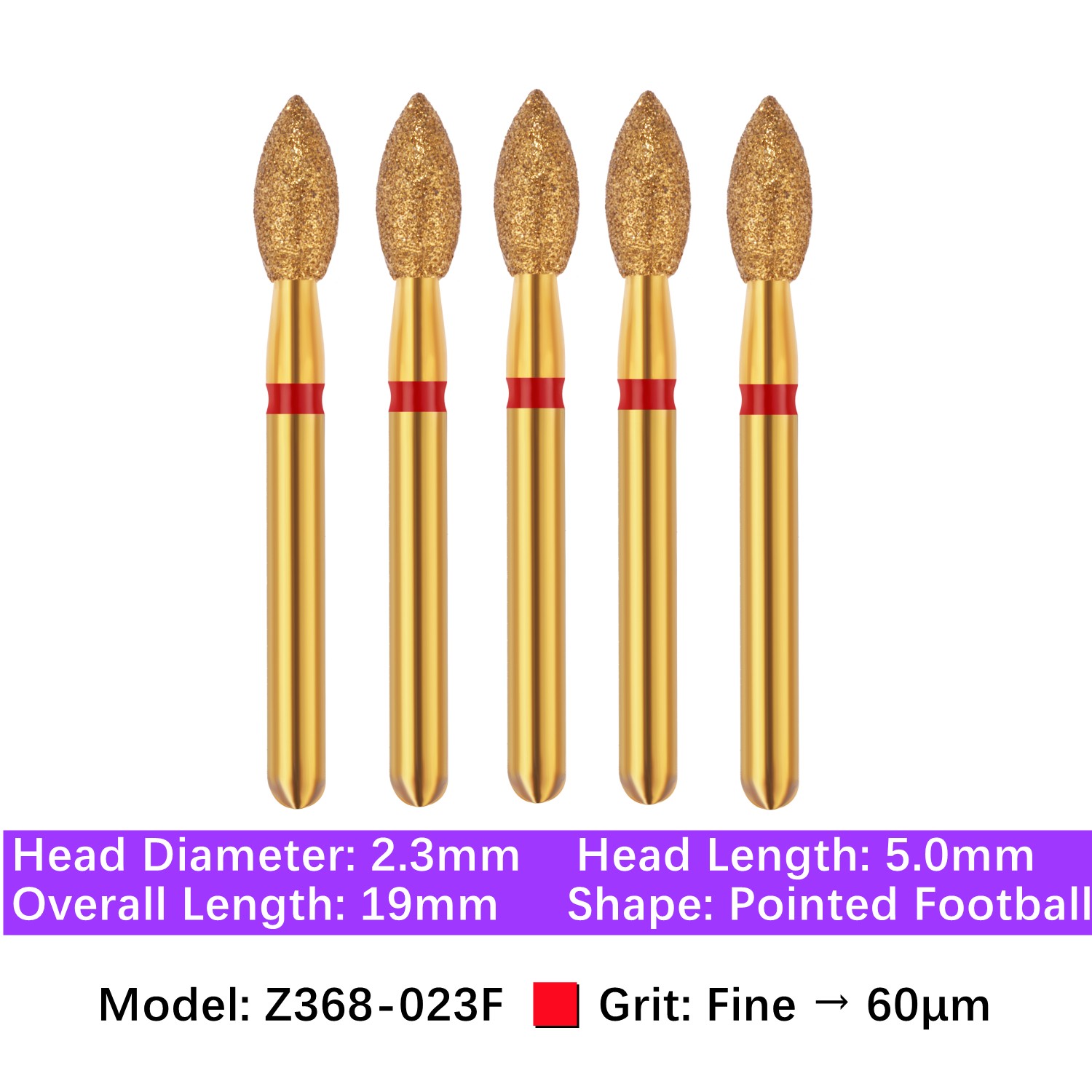5/pk Dental Zirconia FG Diamond Burs & Holder Z368-023F Fine Pointed Football