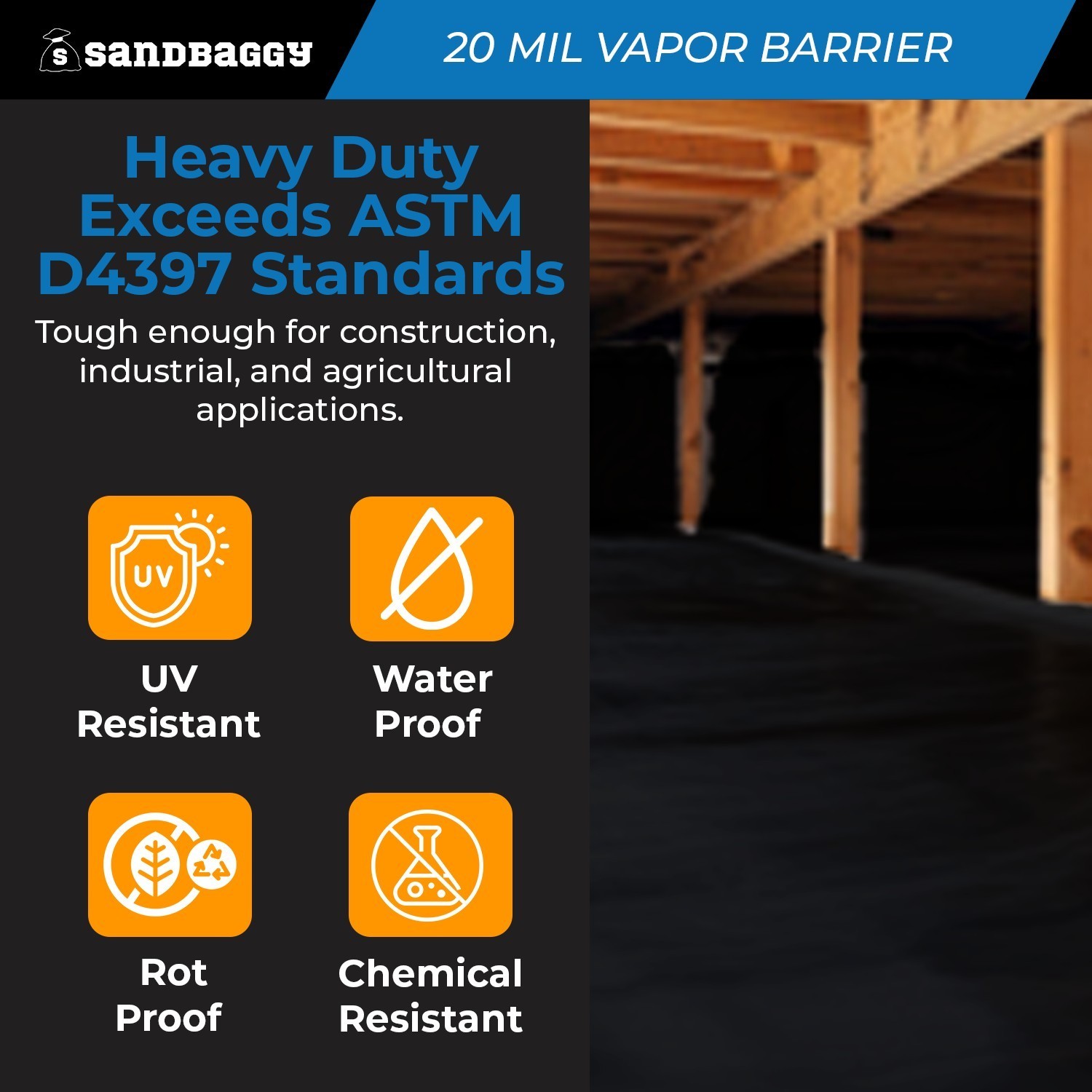 20 Mil Black Vapor Barrier – Polyethylene Visqueen (USA Made) – Sandbaggy