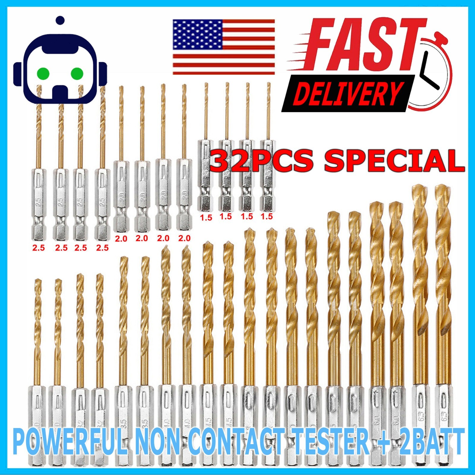 32pc 1/4” Hex Shank Titanium Coated Steel DRILL BIT Set Metal Wood Quick Change