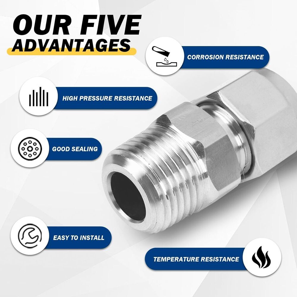 2x Stainless Steel 304 Compression Tube Fitting Adapter 3/8″ OD x 3/8″ NPT C582