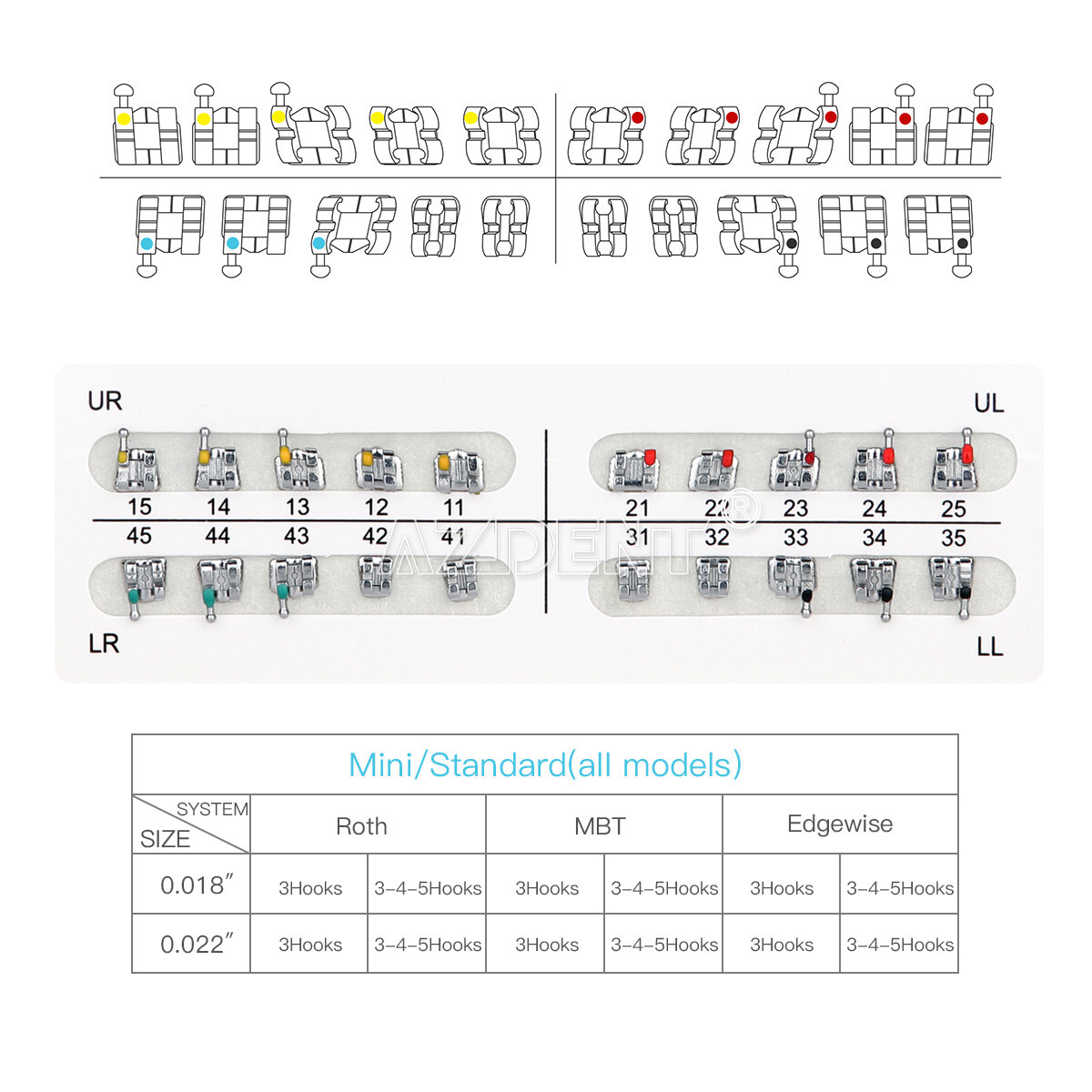 AZDENT Dental Orthodontic Brackets Braces Metal Mini Roth.022 Hooks 3 4 5 FDA