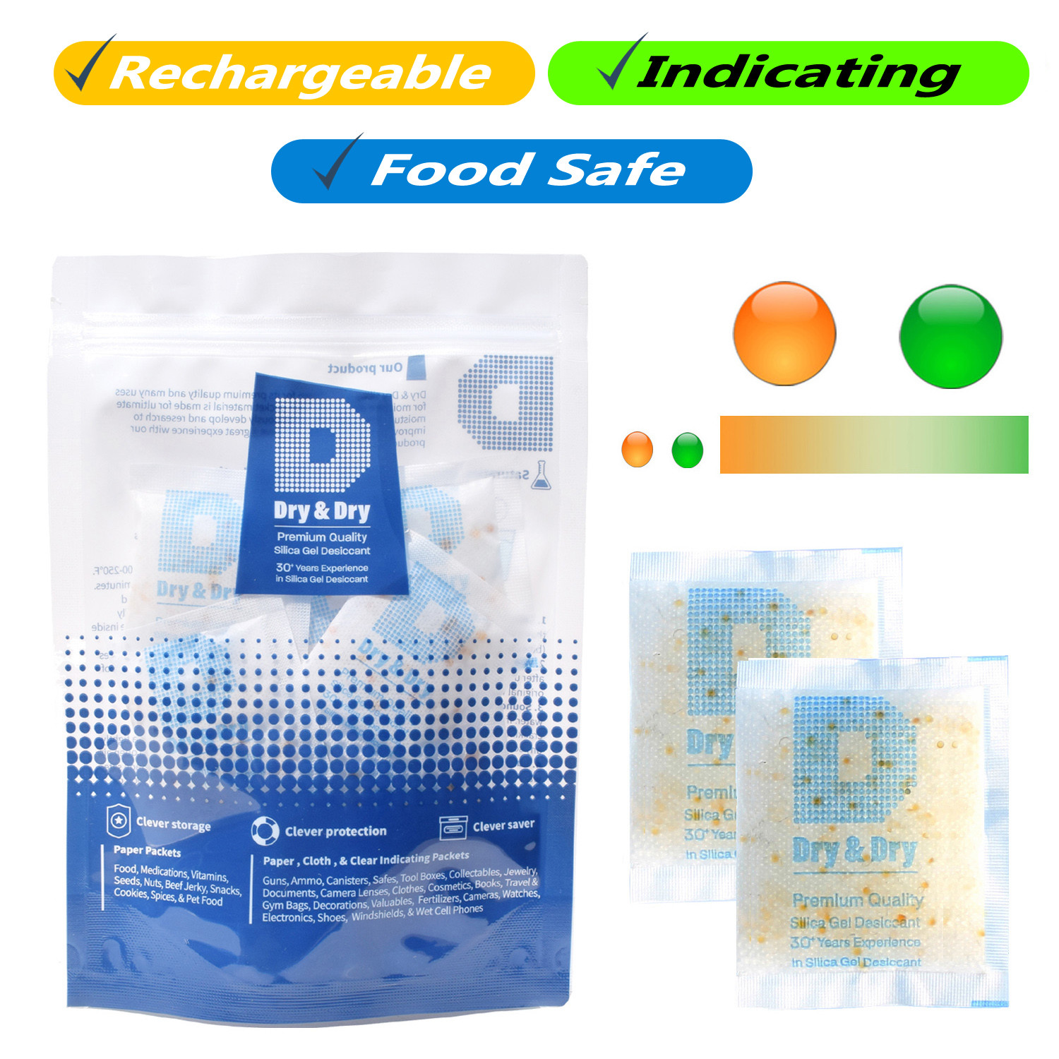 20 gram X 30 PK “Dry & Dry” Food Grade Orange Indicating Silica Gel Packets