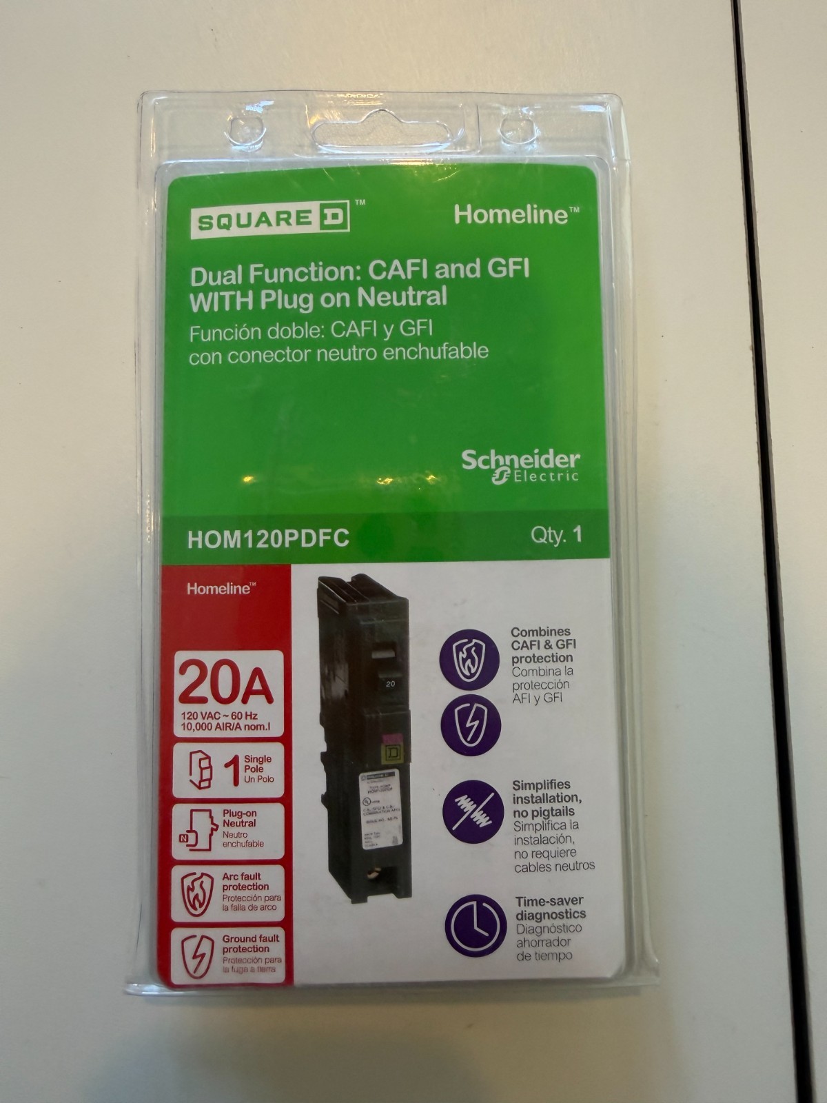 Square D homeline 20A HOM120PDFC CAFI & GFI Circuit Breaker w/ Plug On Neutral A