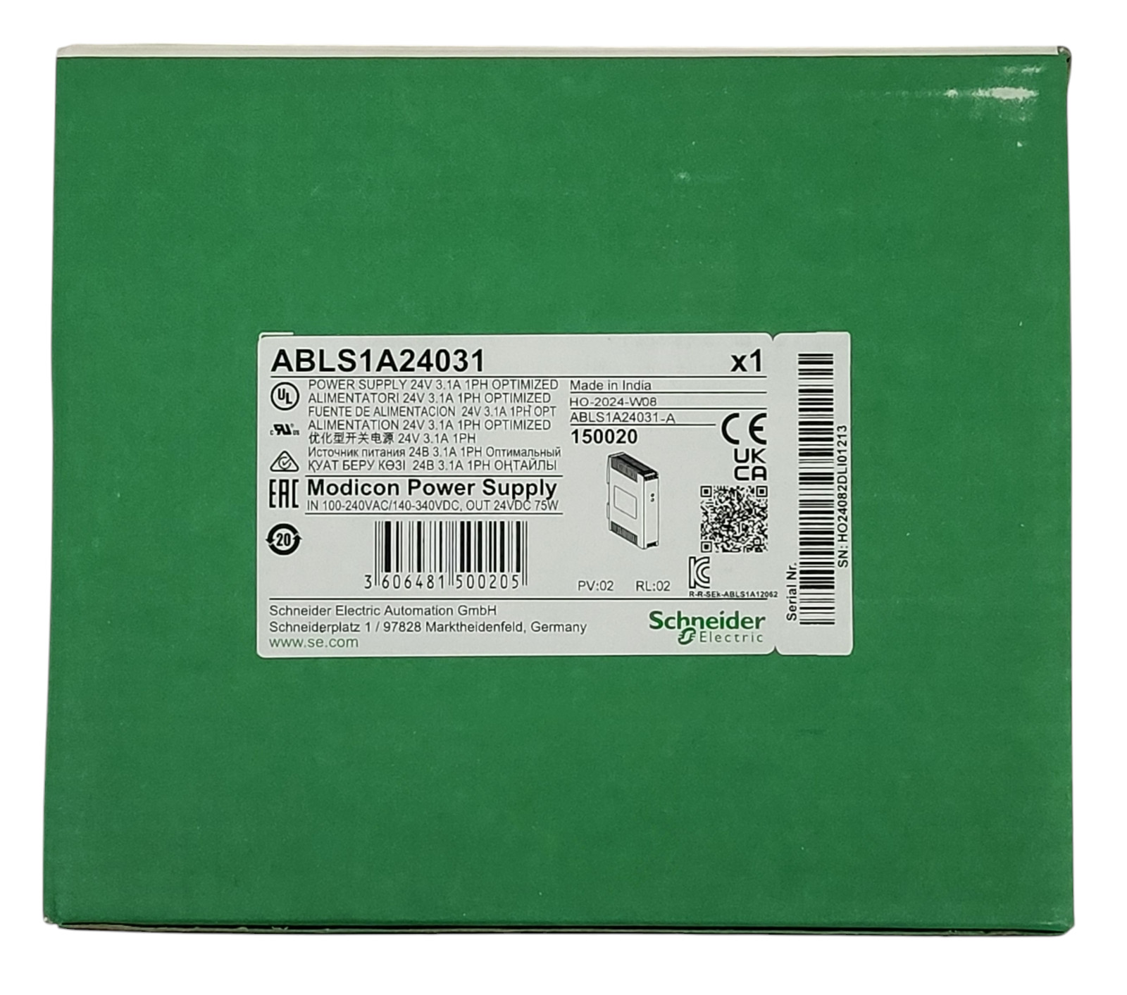 Schneider ABLS1A24031 Regulated Power Supply 100-240V AC, 24V 3.1 A Single Phase