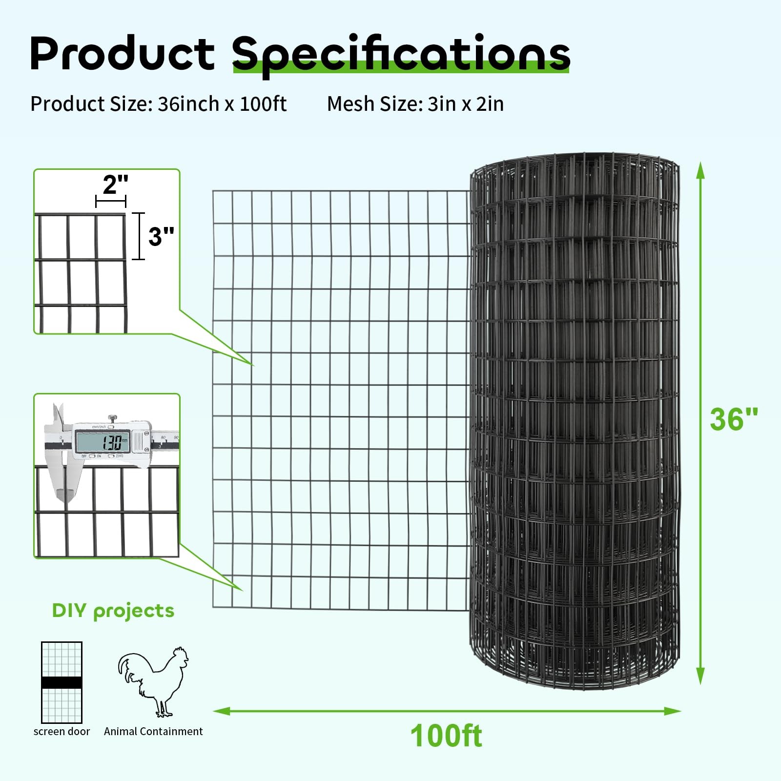 Welded Wire Fencing 36 Inch x 100 Foot, 2 Inch x 3 Inch 16GA Black Hardware C…