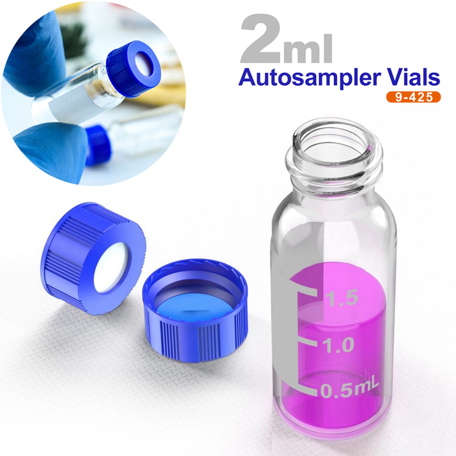 2ml Clear Glass Vials, 9-425 Thread, Type 1 Borosilicate, High Clarity, Autosamp