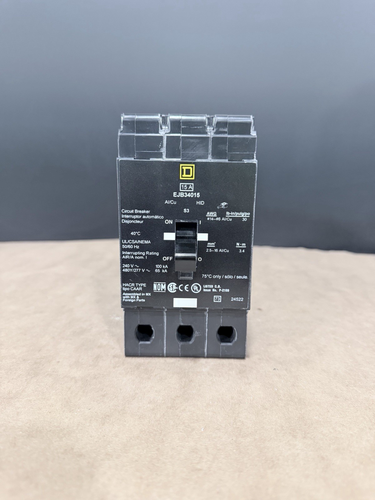 Square D EJB34015 15A 3 Pole 480/277V Bolt-On Circuit Breaker Industrial Used