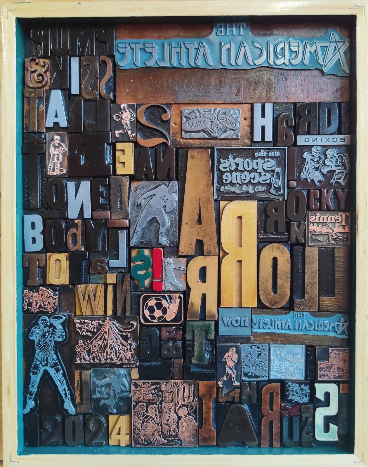 Sports Themed Vintage Letter Press Print Block Collage In Wood Frame